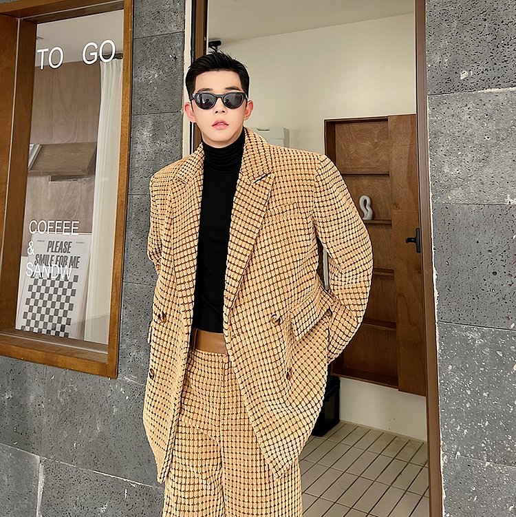 Dawfashion-Camel Corduroy Corn Kernel Oversized Shoulder Pad Suit Coat-Yamamoto Diablo Clothing