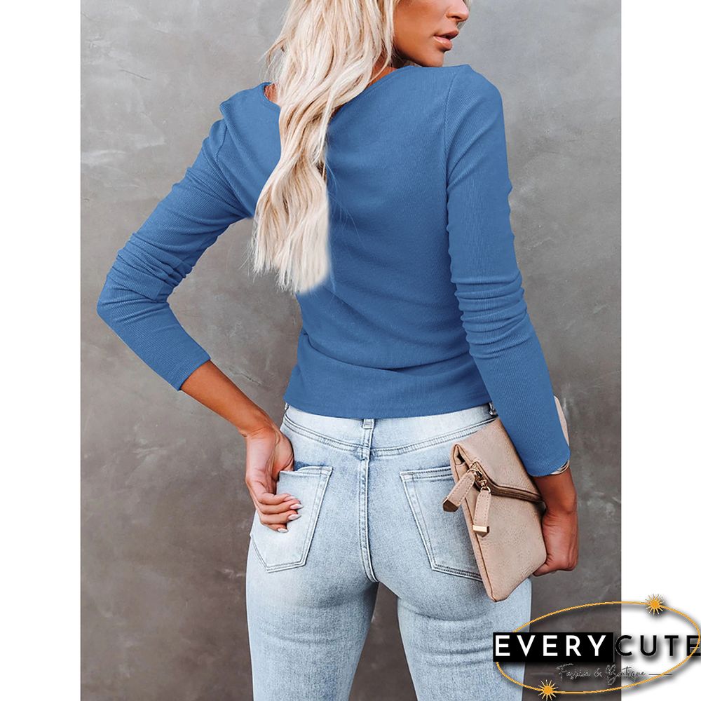 Solid Blue Knitted Drawstring Long Sleeve Sweater