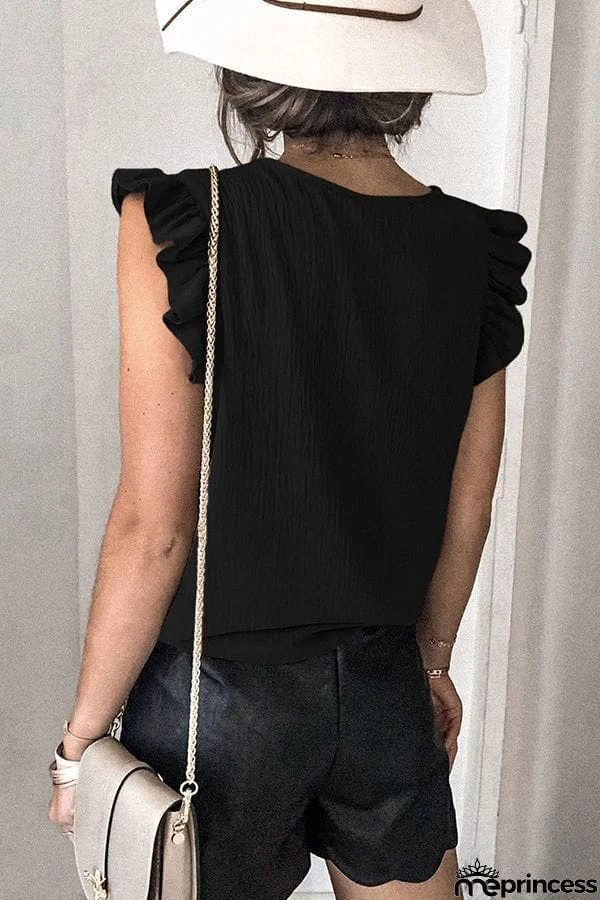Casual T-shirt Solid V-neck Pullover Ruffle Sleeve Top