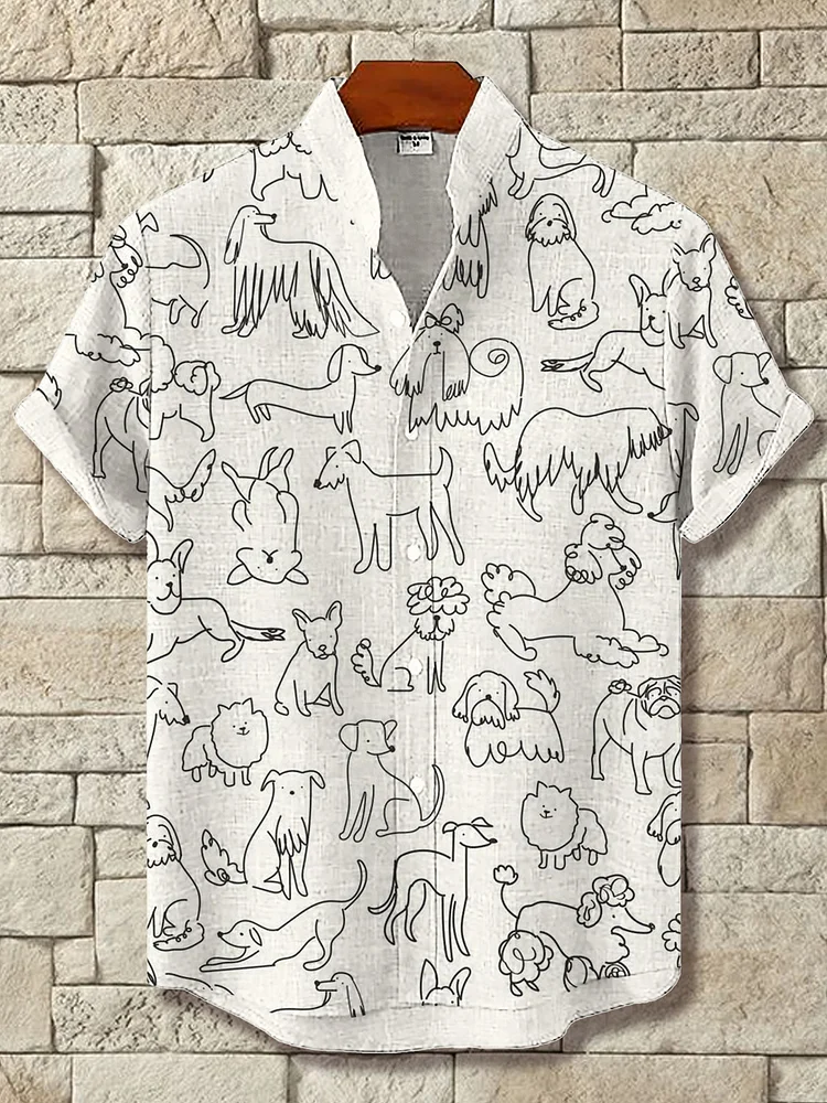 Men's Various Types Of Dogs Print Casual Linen Blend Shirt