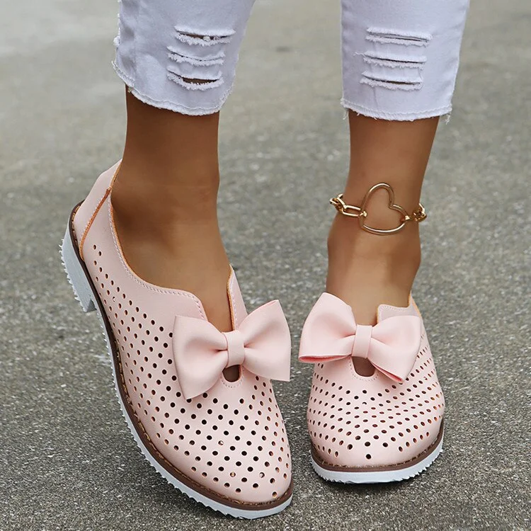 Women Bowknot Flats 2021 Summer Hollow Breathable Pointed Toe Ladies Slip On Loafers 35-43 Large-Sized Female Home Office Shoes