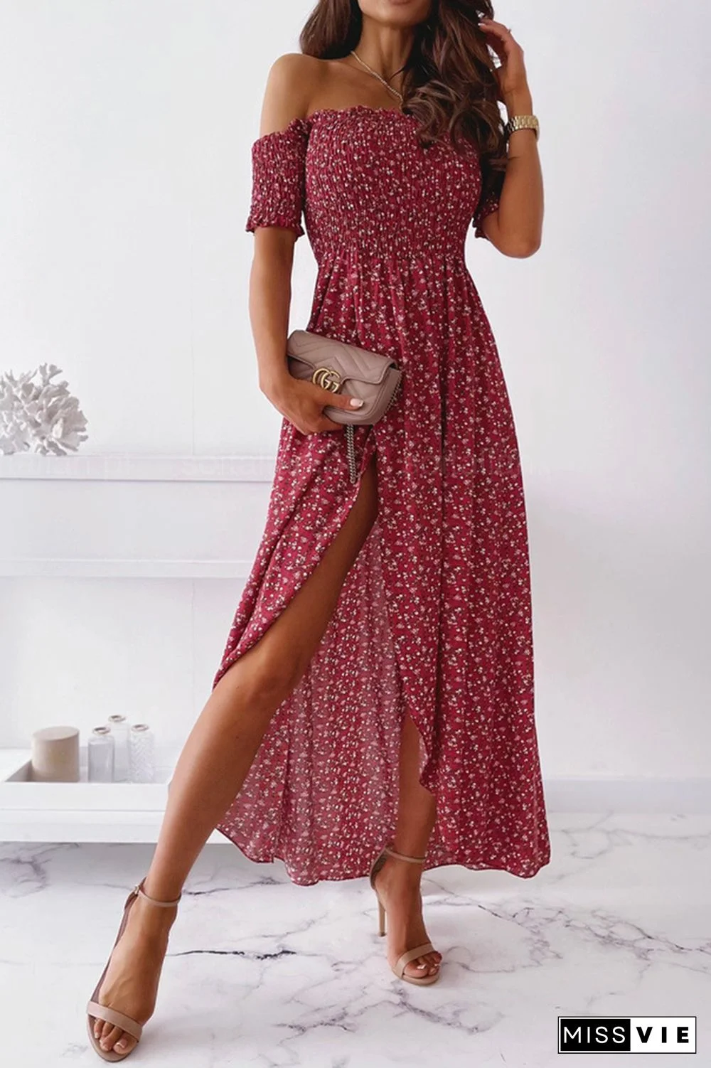 Elegant Floral Slit Fold Off the Shoulder Waist Skirt Dresses(5 Colors)