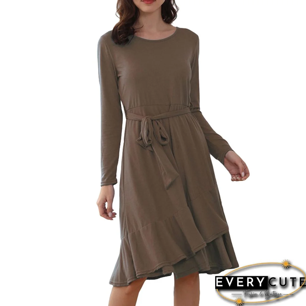 Coffee Ruffled Hem Tie Waist Long Sleeve Casual Dress