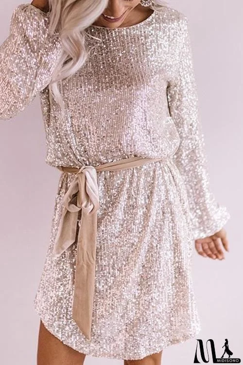 MidiSono - Sequin Belted Long Sleeve Mini Dress