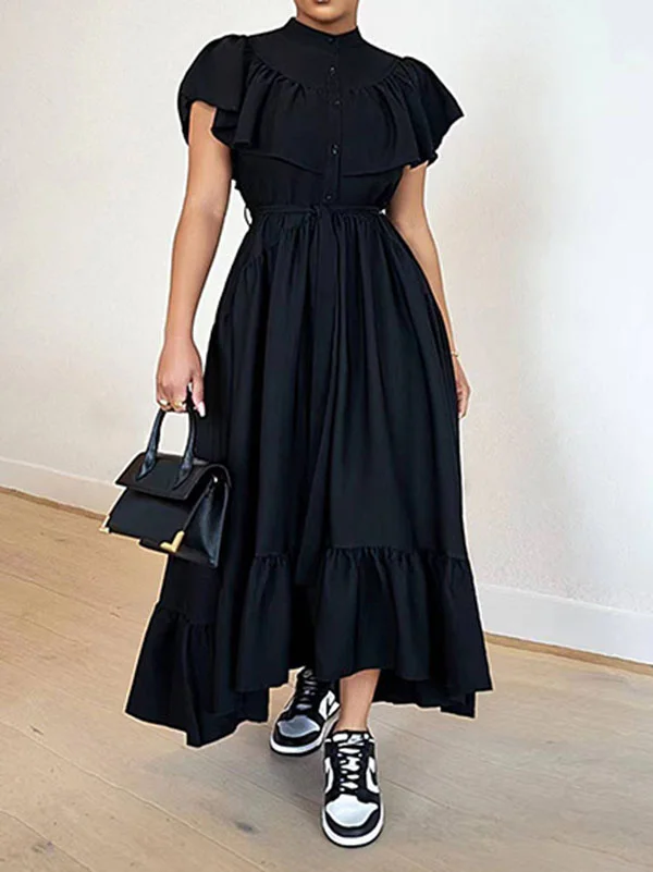 Elegant Solid Color Ruffled French Dress