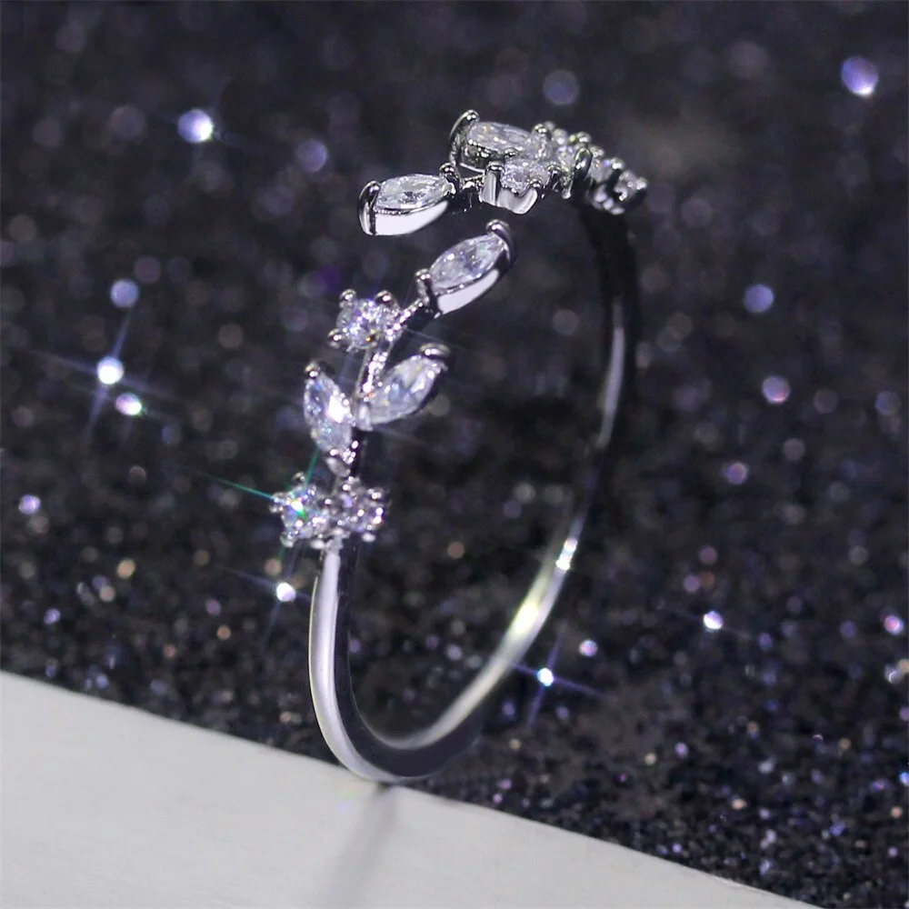 Women Ring Silver Plated Leaf Shaped Open Cubic Zirconia Ring Fashion Charm Engagement Rings For Women Gift For Girlfriend