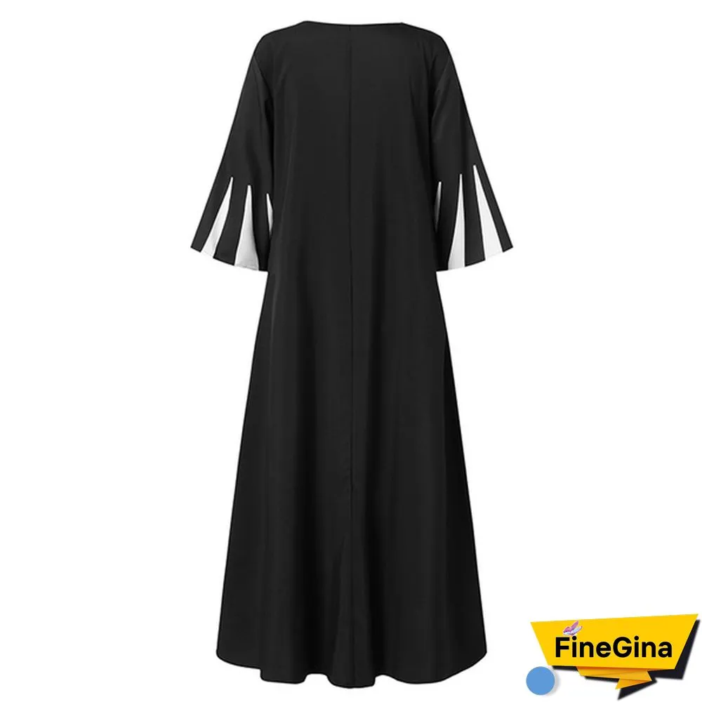 Women's Fashion V Neck 3/4 Sleeve Casual Loose Long Dress Plus Size Striped Dress Vestidos