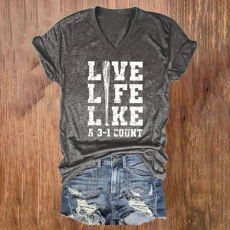 Live Life Like Baseball Print V-Neck T-Shirt