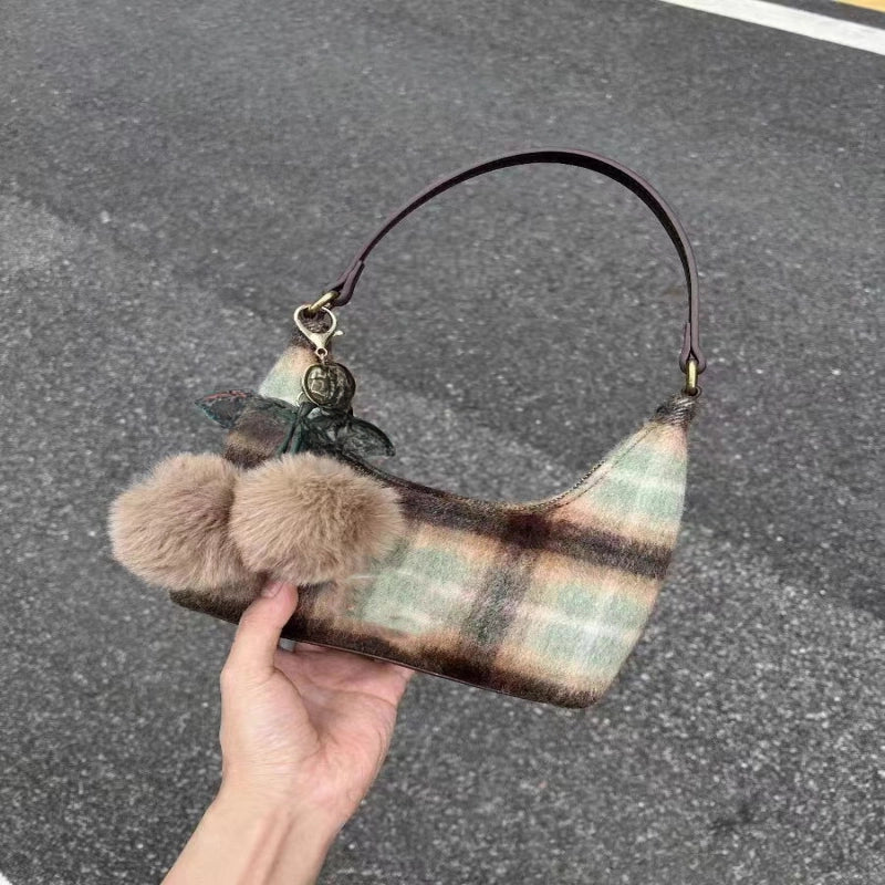 Wool Plaid Retro Niche Underarm Bag For Women New Autumn And Winter Cherry High-grade Portable Shoulder Bag