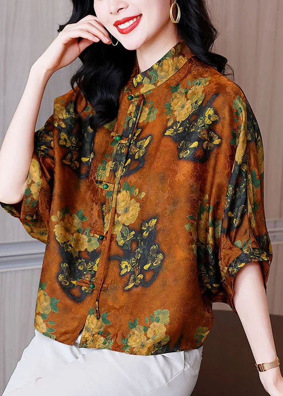 Bohemian Orange Stand Collar Oriental Button Print Silk Blouses Batwing Sleeve