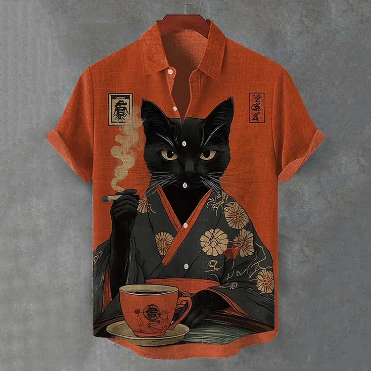Men's Retro Black Cat Cigarette Japanese Illustration Print Short Sleeve Shirt