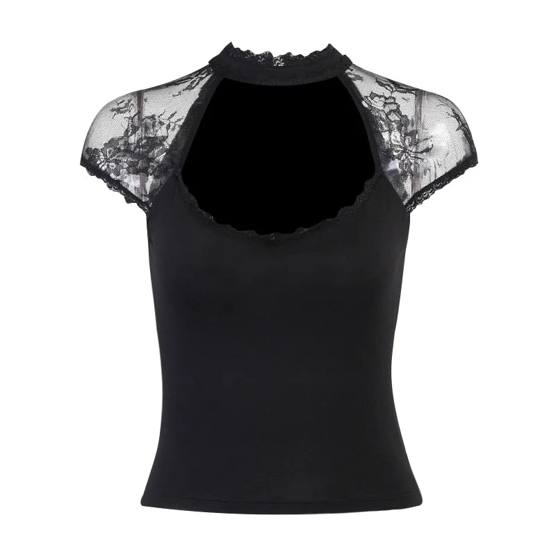 InsGoth Vintage T Shirt Goth Aesthetic Lace Trim Short Sleeve T-shirts Grunge Bodycon Gothic Style Sexy Basic Women Tops