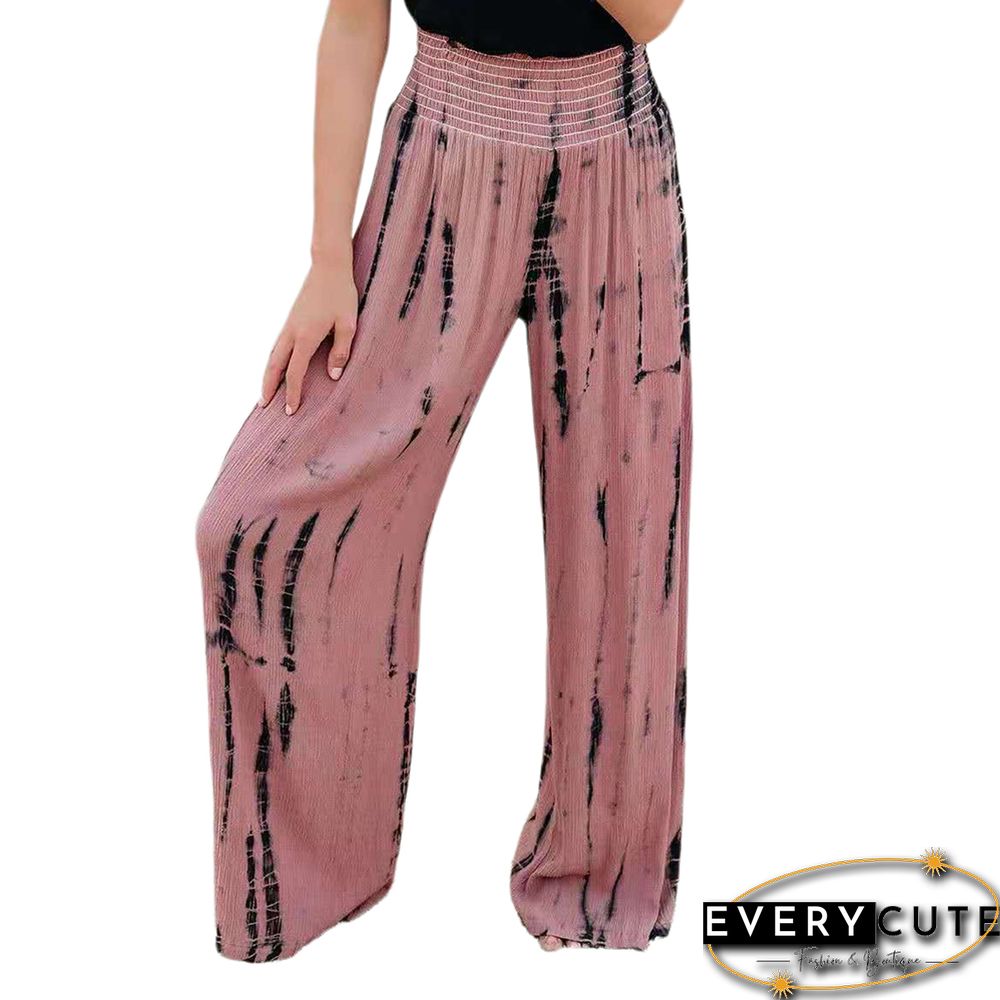 Pink Printed Pocketed High Waist Wide Leg Pants