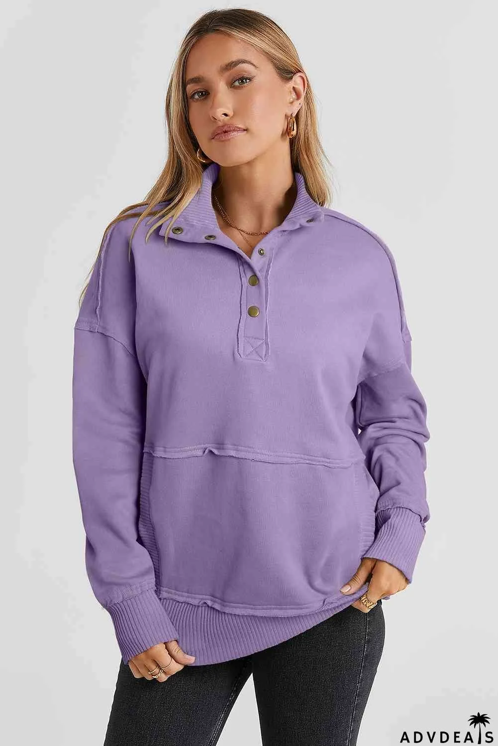 Half Snap Drop Shoulder Long Sleeve Sweatshirt