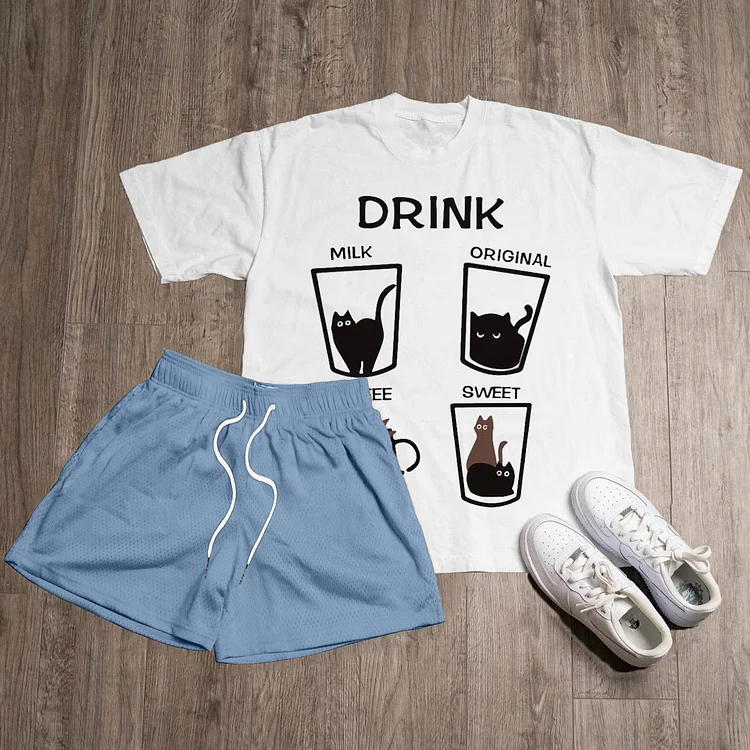 Drink Print T-Shirt Shorts Two-Piece Set