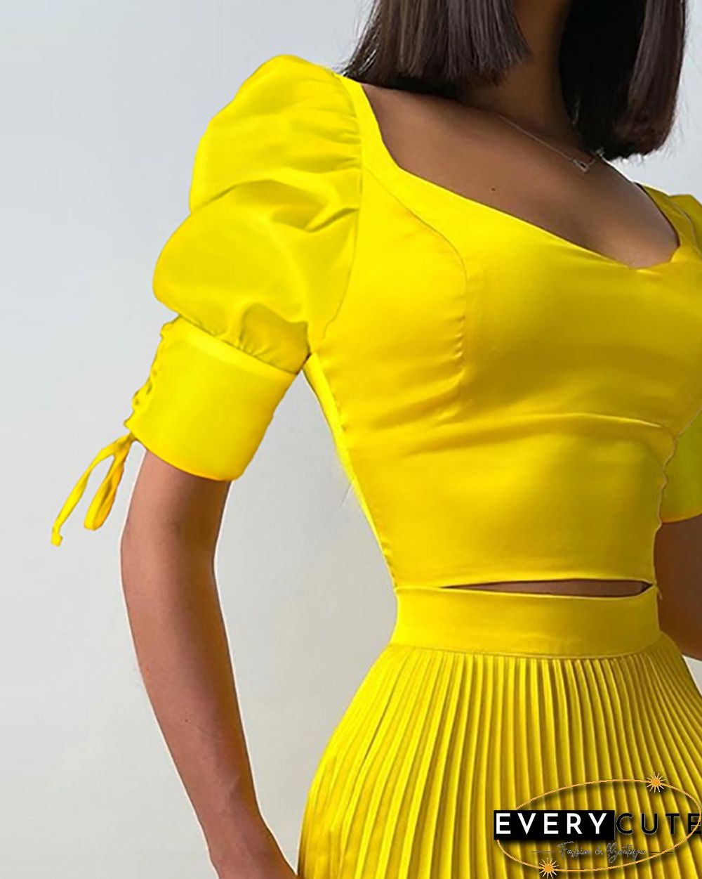 Puff Sleeve Top & Frill Hem Pleated Skirt Set