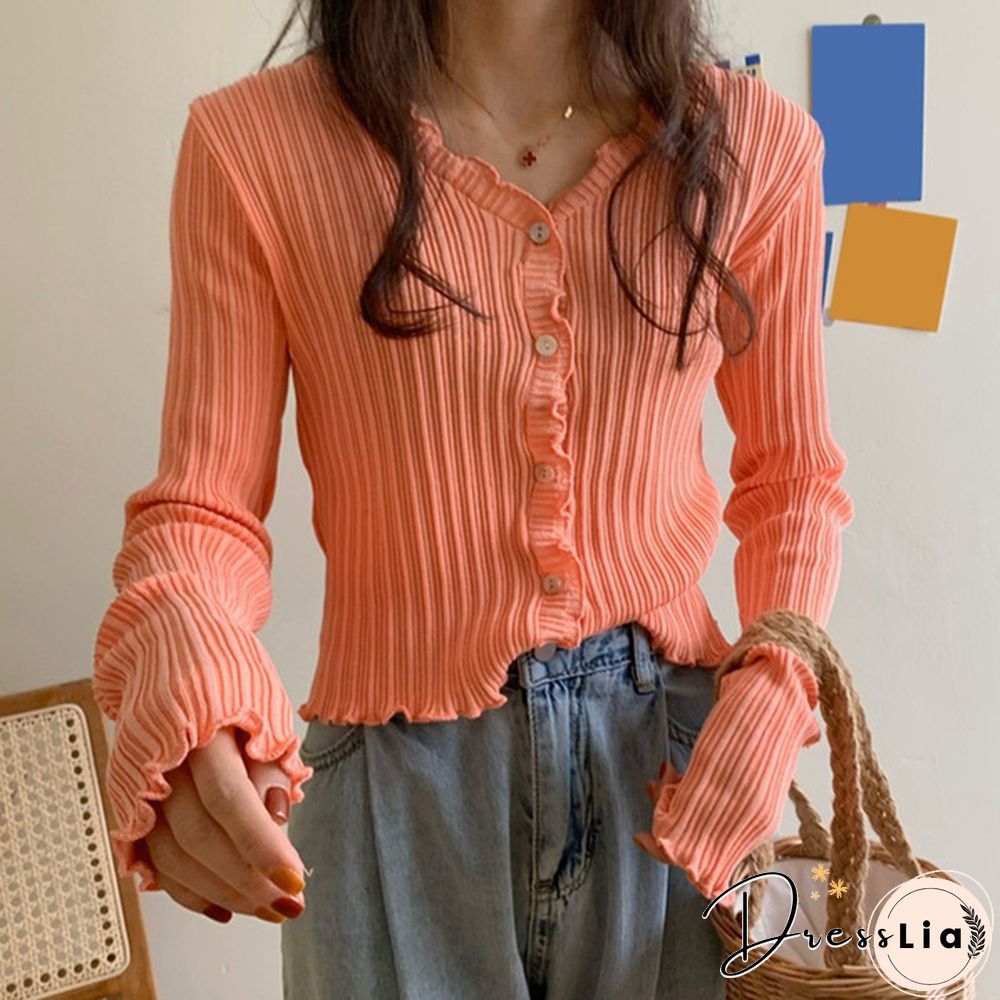 Women's V-neck Long-sleeved Thin Cardigan Short Loose Lazy Top Spring and Autumn