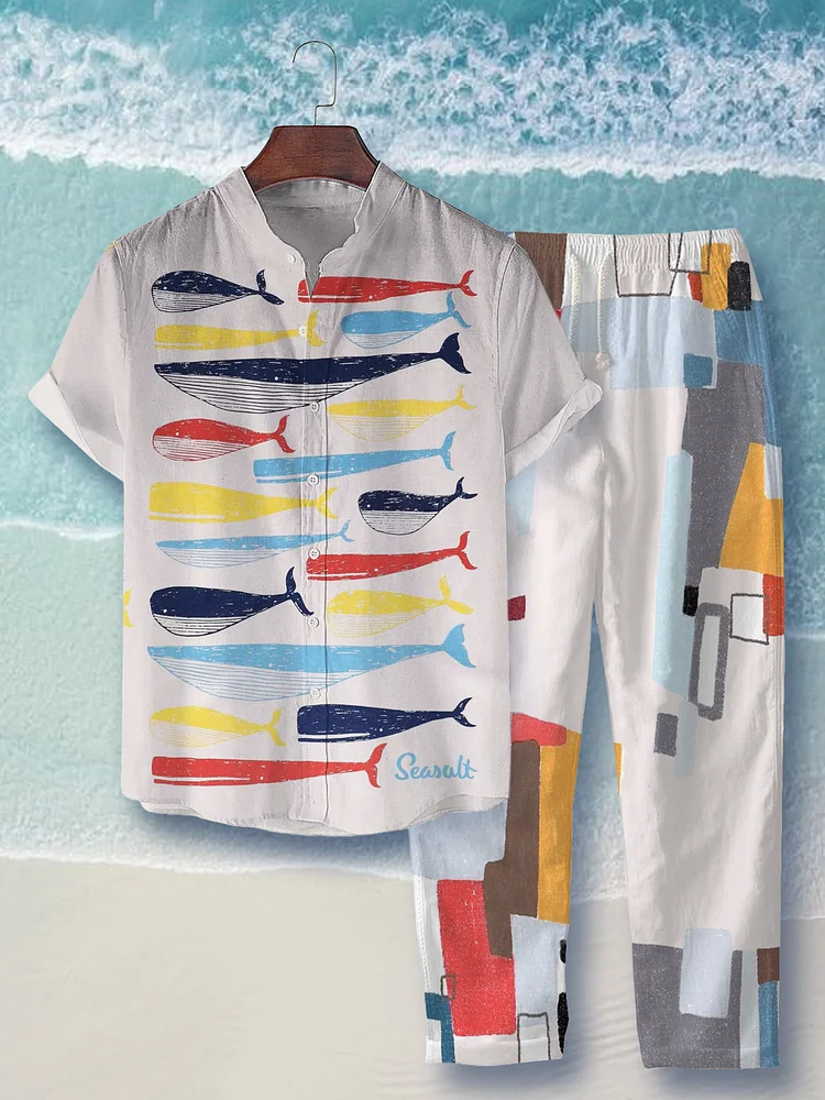 Men's Seasalt Colorful Fish Print Short Sleeve Shirt Colorblock Pants Matching Set