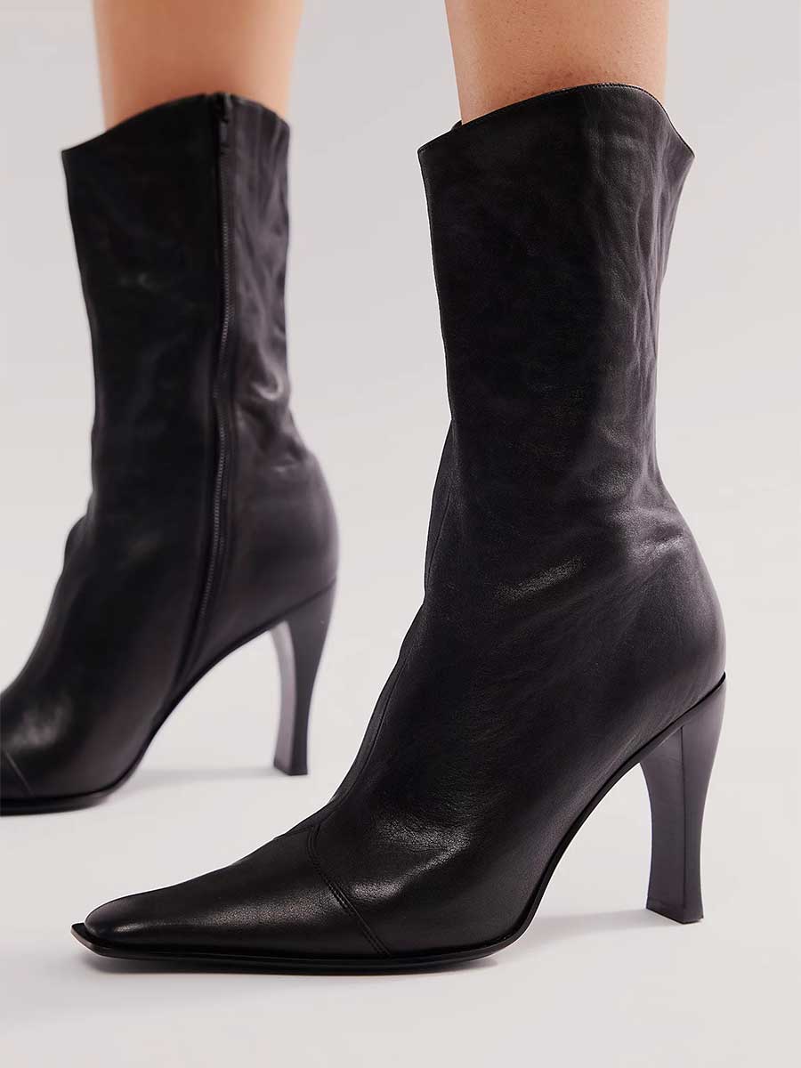 Women's Classic Black Snip Toe Zipper Mid-Calf Boots with Block Heel