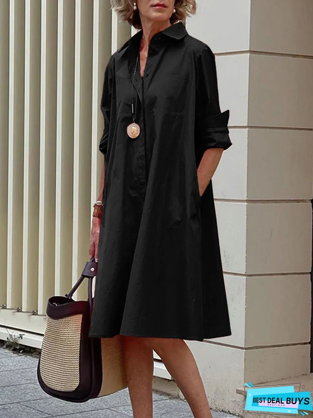 Shirt Dress Long sleeve Plain Simple Dress
