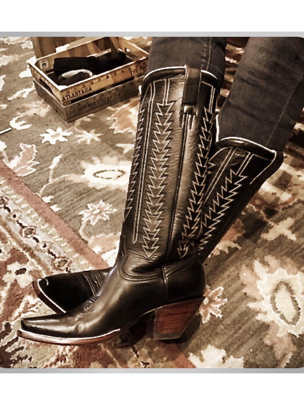 Taafo Black Embroidery Snip-Toe Tall Wide Mid Calf Western Boots For Women