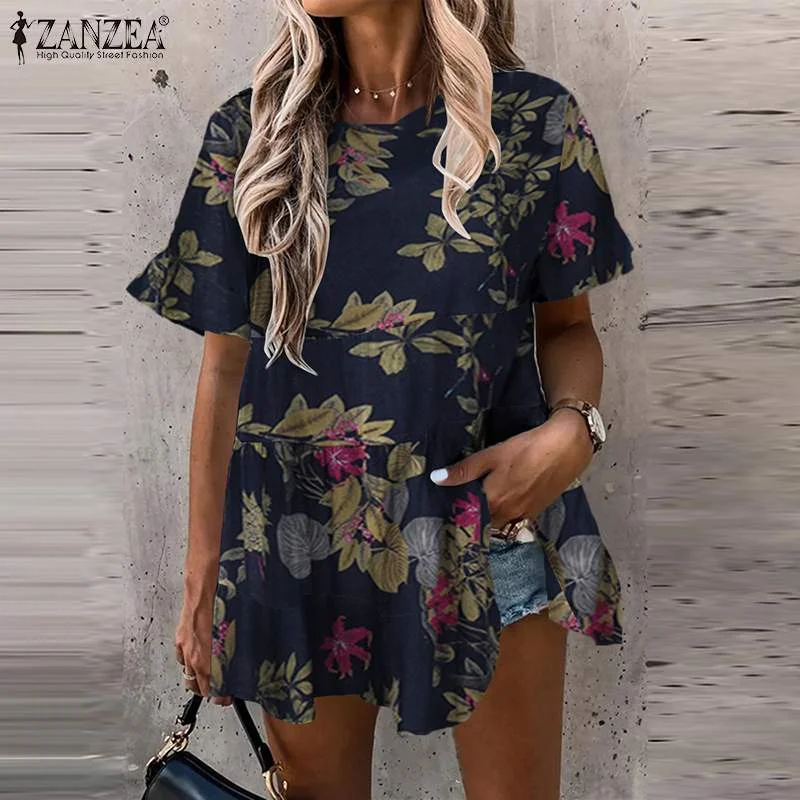 Brownm Bohemian Lace Patchwork Tops Women's Summer Blouses ZANZEA 2022 Casual Short Sleeve Blusa Female Hollow Peplum Tunic 
