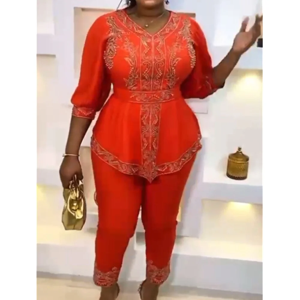 Colourp Plus Size Women African Clothes 2 Piece Set Dashiki Diamond Tops Pants Trousers Suits Africa Party Clothing for Lady Outfits