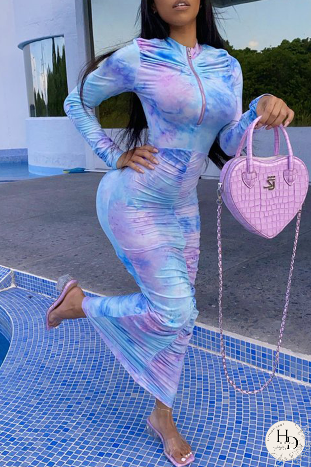 Blue Purple Casual Patchwork Tie-dye Fold Zipper Collar Pencil Skirt Dresses