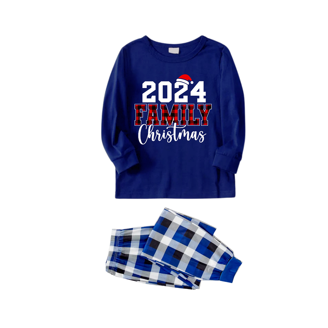 "2024 Family Christmas" Text Printed  Blue and White Plaid Family Matching Pajamas