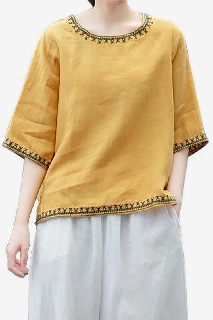 Linen Round Neck Embroidery Three Quarter Sleeve Casual Top