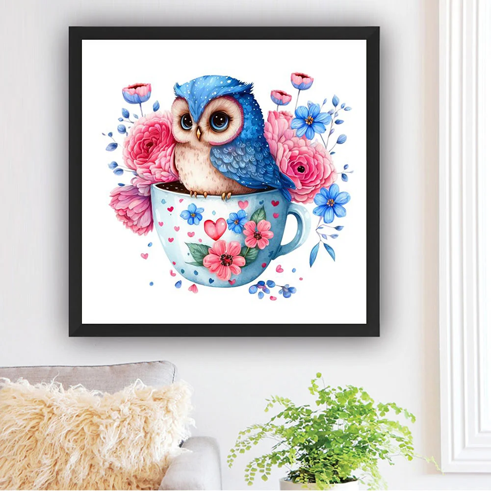 Full Round Diamond Painting 30*30cm - Blue Flowers Owl