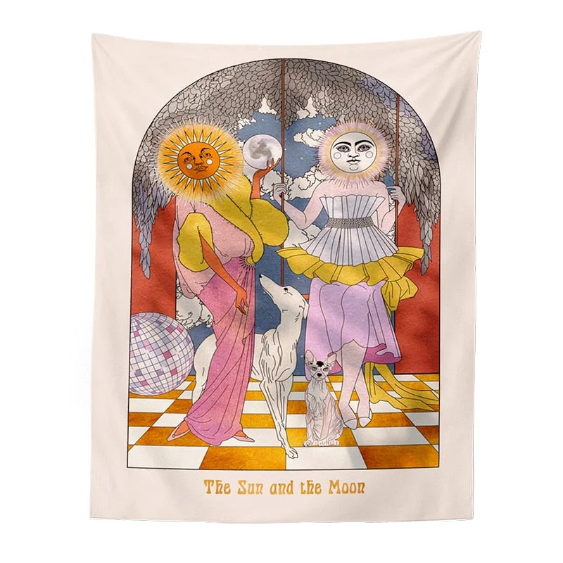 Mandala Tarot Card Pattern Blanket Tapestry Wall Hanging Tapestries Bedroom Bedspread Throw Cover Sun Moon Wall Decor 95x73CM