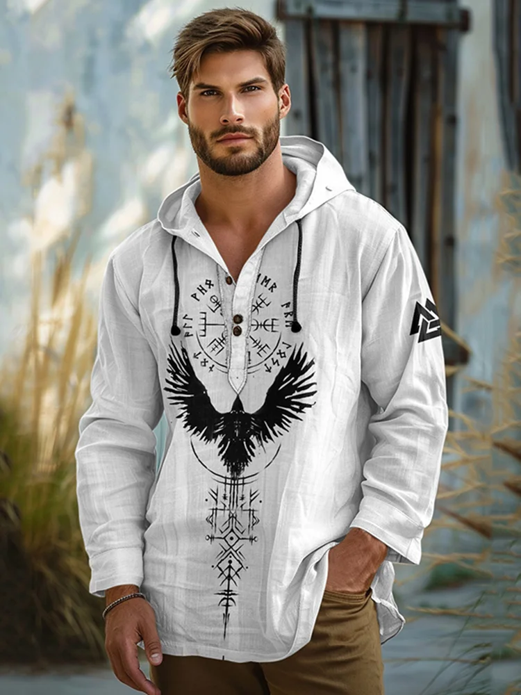 Men's Vintage Viking Art Linen Hooded Shirt