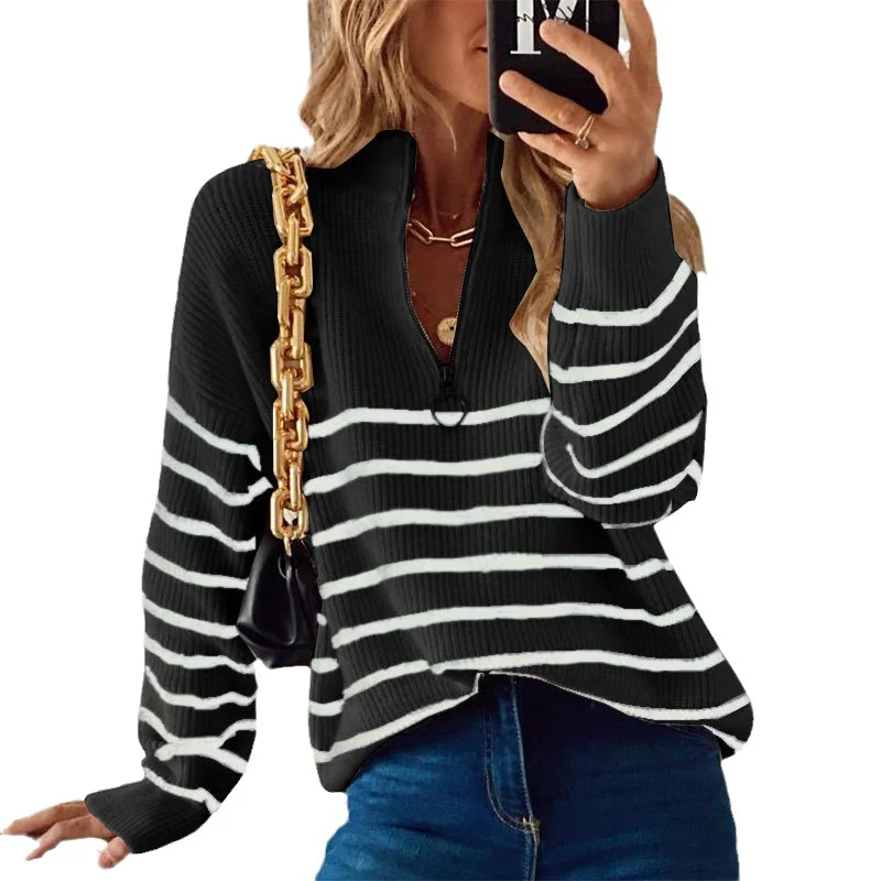 Wongn Wongn And Winter Women's Sweater Fashion Women's Long Sleeve Knit Zip Striped Pulper