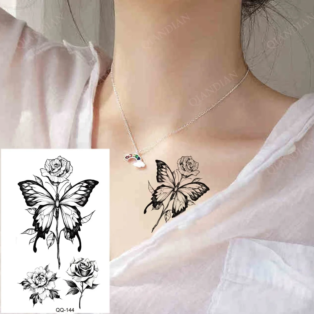 Sdrawing Temporary Tattoo Stickers Butterfly Snake Rose Flower Gun Dark Flash Small Women Body Art Wrist Neck Fake Tattoos Men