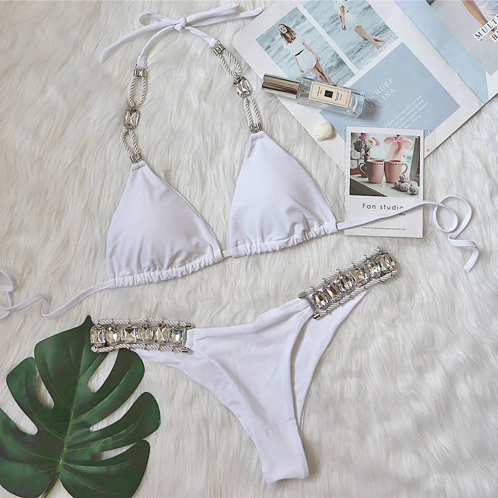 Brownm Brownm 2023 Swimsuit Sexy Crystal Diamond Women's Swimwear Plain Strap Backless Bikini