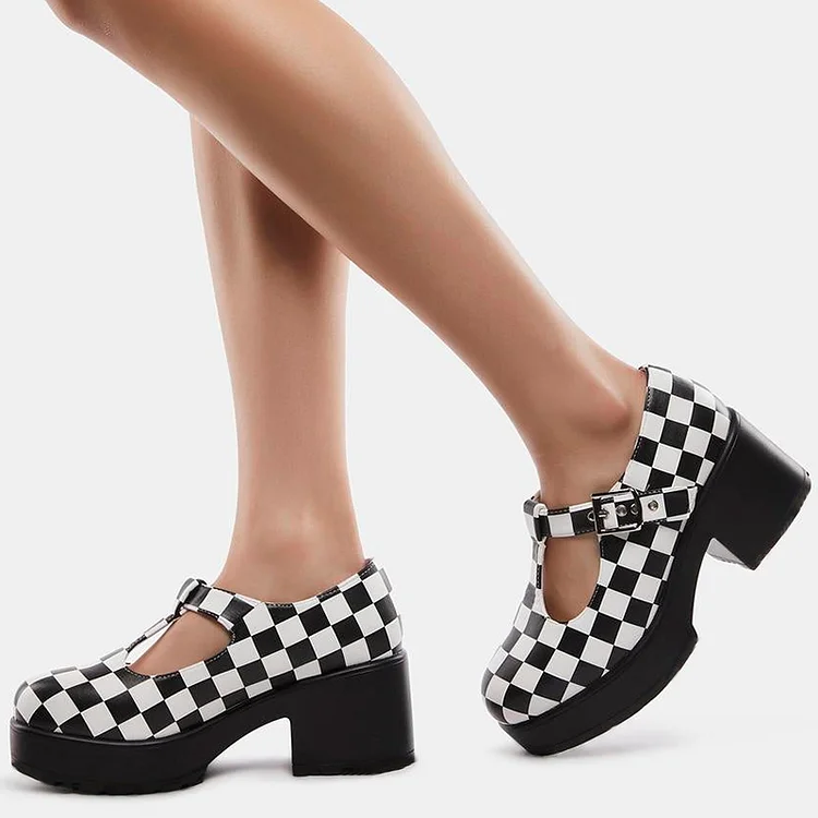 Black & White Plaid Shoes Women's Round Toe Block Heel T-strap Loafers |FSJ Shoes