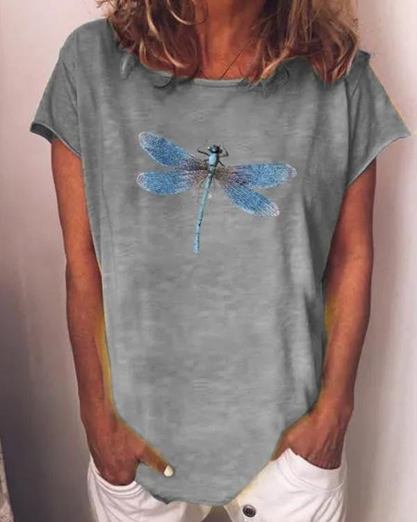 Summer Casual Dragonfly Printed O-Neck Short Sleeve Cotton T-Shirt - Chicaggo