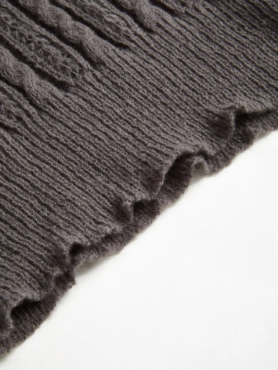 Brownm V-neck lace patchwork cable knit top