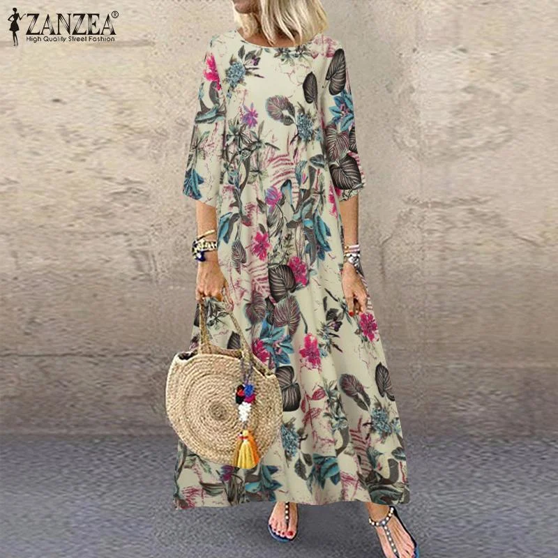 ZANZEA Autumn 3/4 Sleeve Polka Dot Printed Long Dress Vintage Women's Cotton Linen Dresses Female Kaftan Vestido Femme Sundress