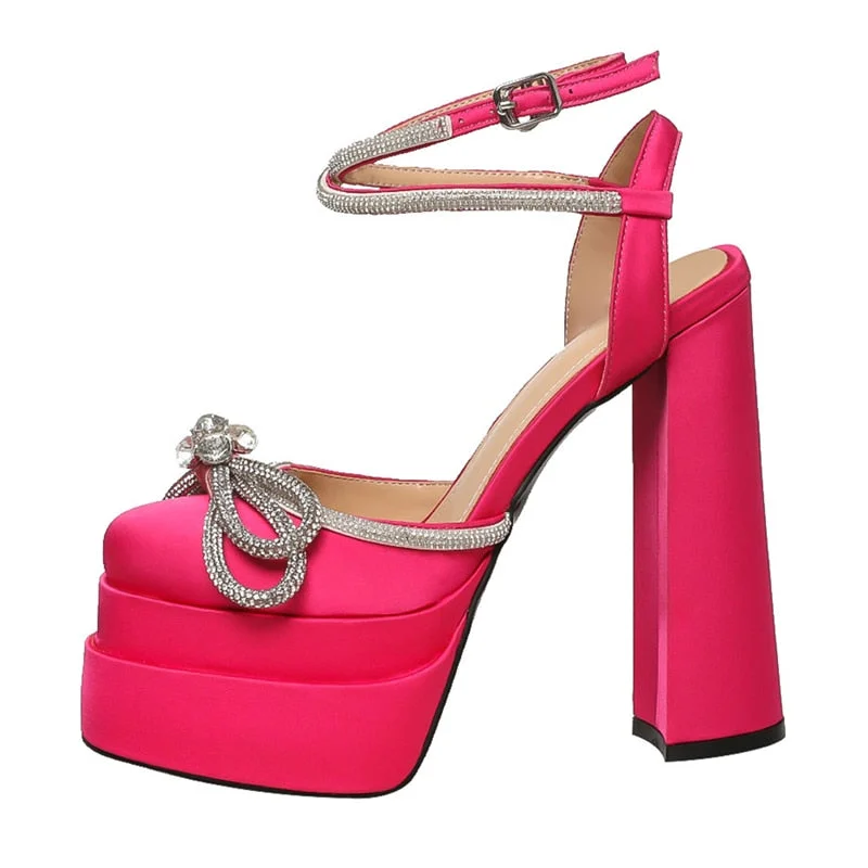  Ankle Strap Women Pumps Elegant Party Shoes Butterfly-Knot Crystal Hoof Heel Platform Square Toe High Heel Dress Shoes