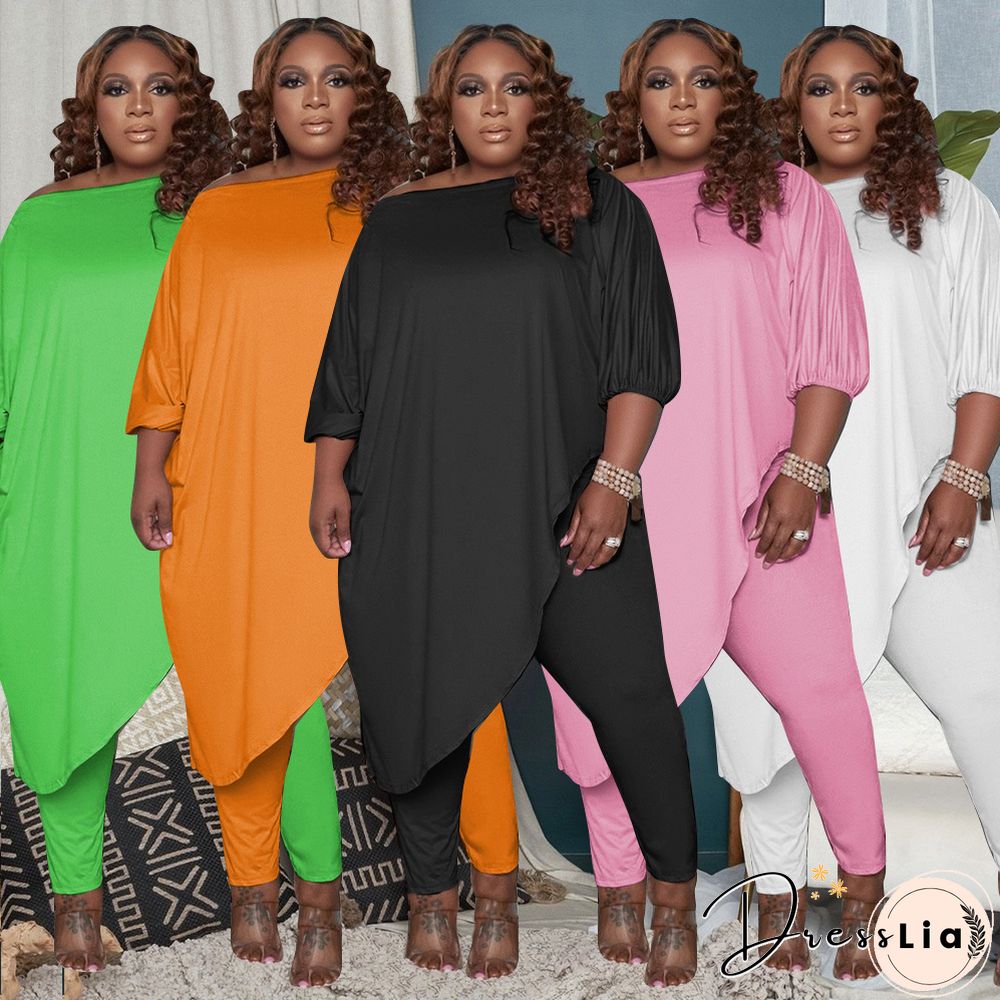 Plus Size Summer Clothes Solid Color Half Sleeve Slant Shoulder Loose Long T Shirt Top Pants 2 Piece Set