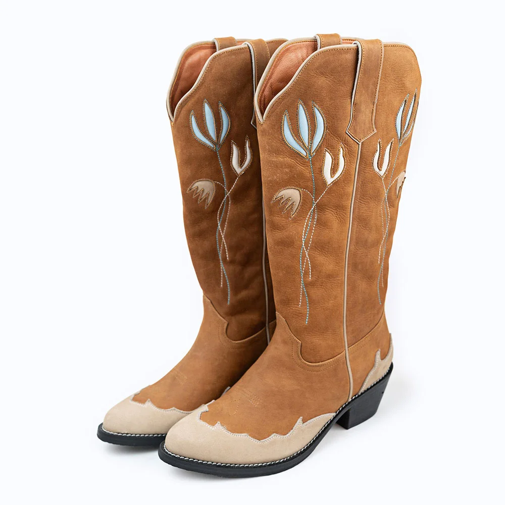 Beige & Brown Closed Toe Patchwork Cowgirl Boots with Flower Inlay