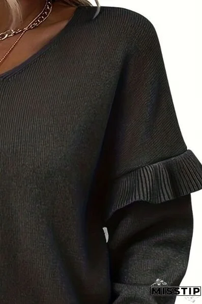 V-Neck Ruffle Trim Long Sleeve Sweater