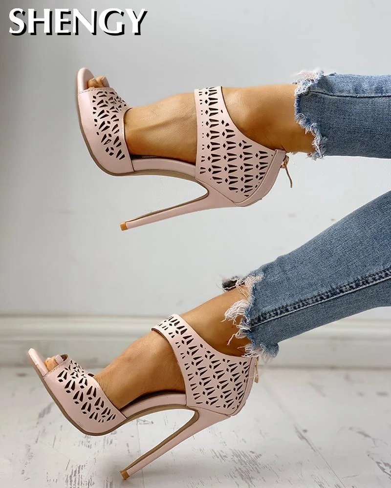 SHENGY 2020 Fashion Women Summer Sandals Peep Toe Hollow Out High Sandals Zip Rome Wedding Office Shoes Women pink