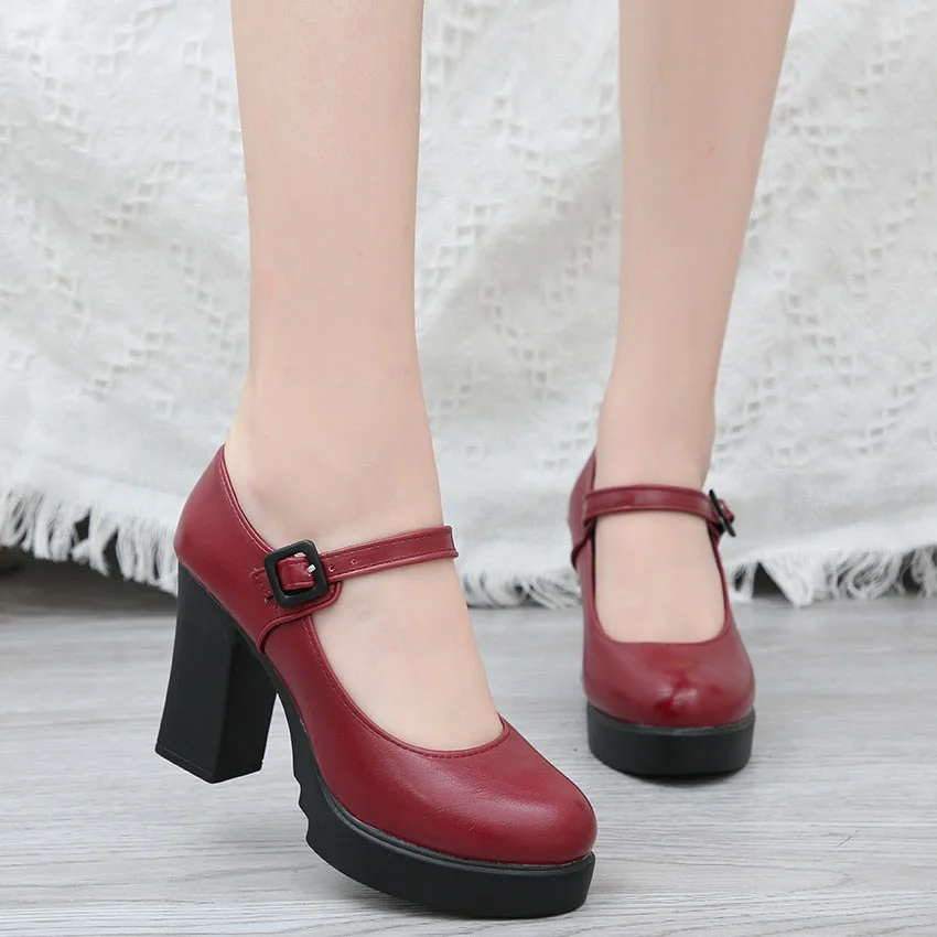 New Arrival Women Classic Pumps Shoes Spring Summer Black Leather Mary Jane Heels Fashion Buckle Platform Shoes Woman Size 35-39