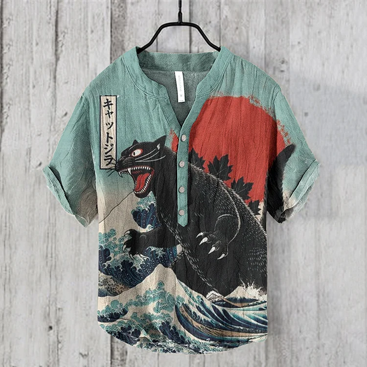 Comstylish Retro Funny Creative Catzilla And Huge Waves Art Print Linen Blend Shirt