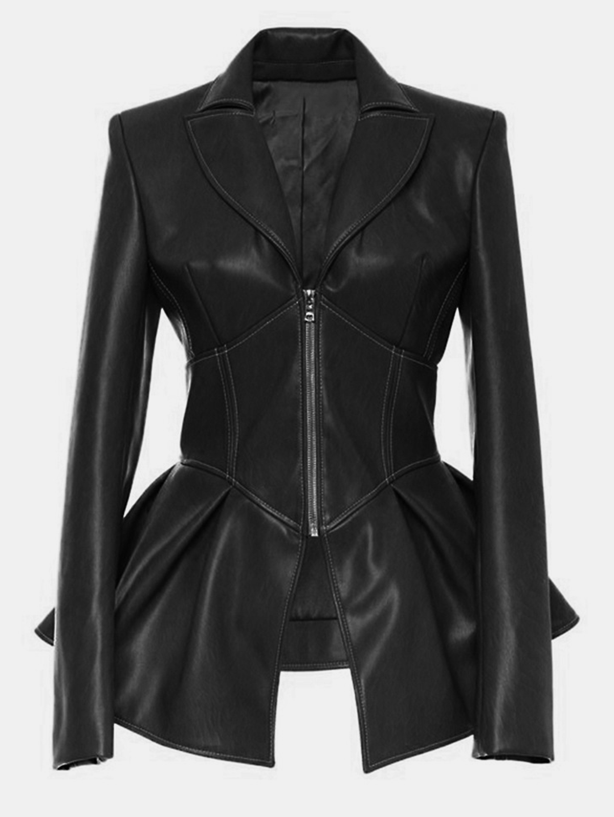 Fashion PU Leather Lapel Collar Zipper Long Sleeve Peplum Jacket