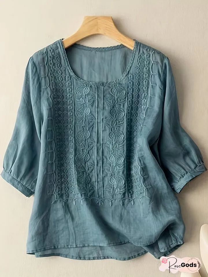 Boho Floral Embroidered Womens Tops-Neck Sleeve-Loose Blouse-T-Shirts-Summer
