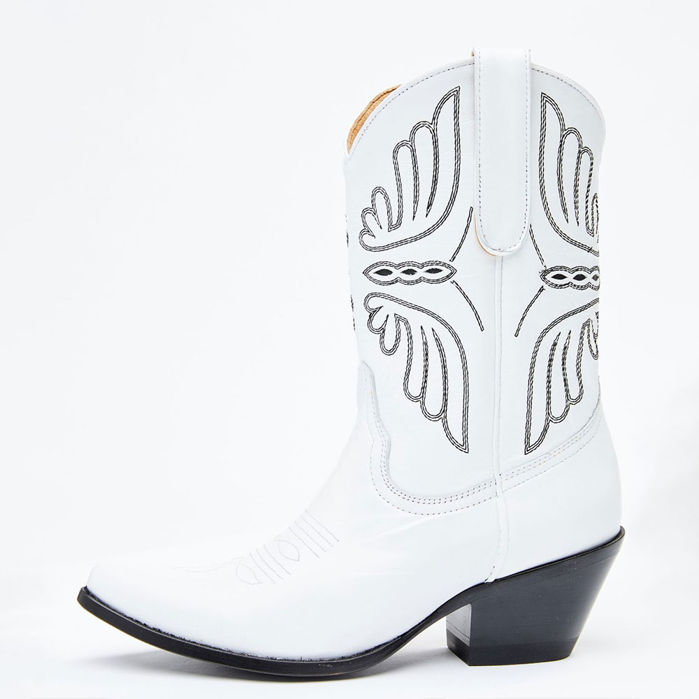 Elegant White Almond Toe Embroidered Western Heeled Booties